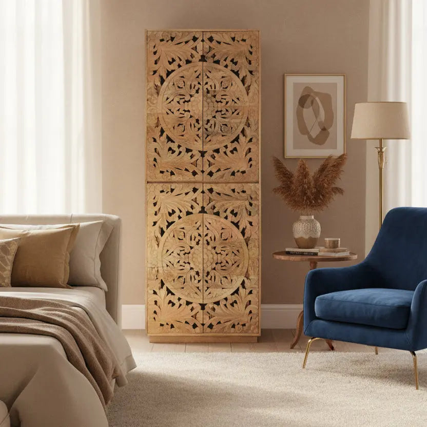 Solid Mango Wood Hand-Carved 4 Door Storage Cabinet FURNIZA