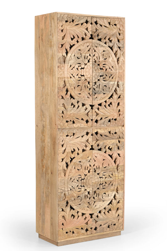 Solid Mango Wood Hand-Carved 4 Door Storage Cabinet FURNIZA