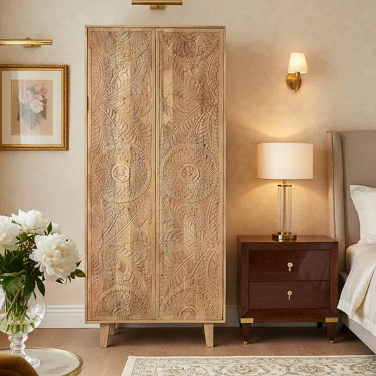 Handcarved Solid Mango Wood 2 Door Almirah with Natural Finish FURNIZA