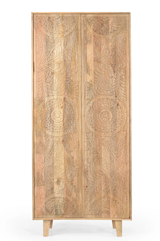 Handcarved Solid Mango Wood 2 Door Almirah with Natural Finish FURNIZA