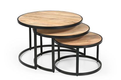 Solid Mango Wood Nesting Stool Set of 3 with Black Iron Frame FURNIZA