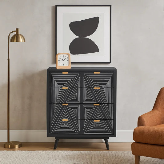Bold Black Geometric 4-Drawer Chest – Modern Printed Storage