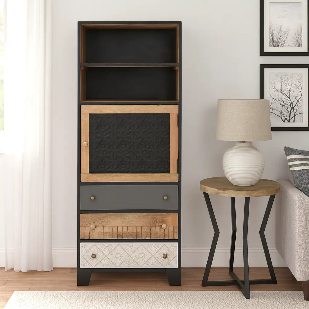 Solid Mango Wood Book shelf | Black & Natural Wooden Storage Unit with Carved Door, 3 Drawers & Open Shelves | Multi-Purpose Storage Book rack - Furniza