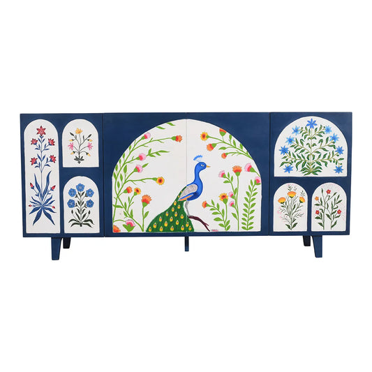 Royal Bloom 4 Door Sideboard Hand-Painted Mango Wood in Blue