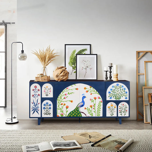 Royal Bloom 4 Door Sideboard Hand-Painted Mango Wood in Blue