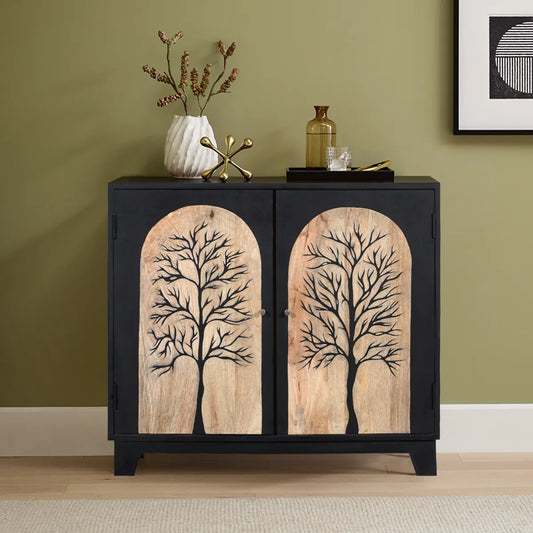 Black Forest 2-Door Cabinet Hand Carved Mango Wood with Bold Black Finish