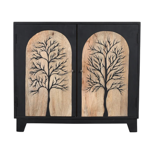 Black Forest 2-Door Cabinet Hand Carved Mango Wood with Bold Black Finish