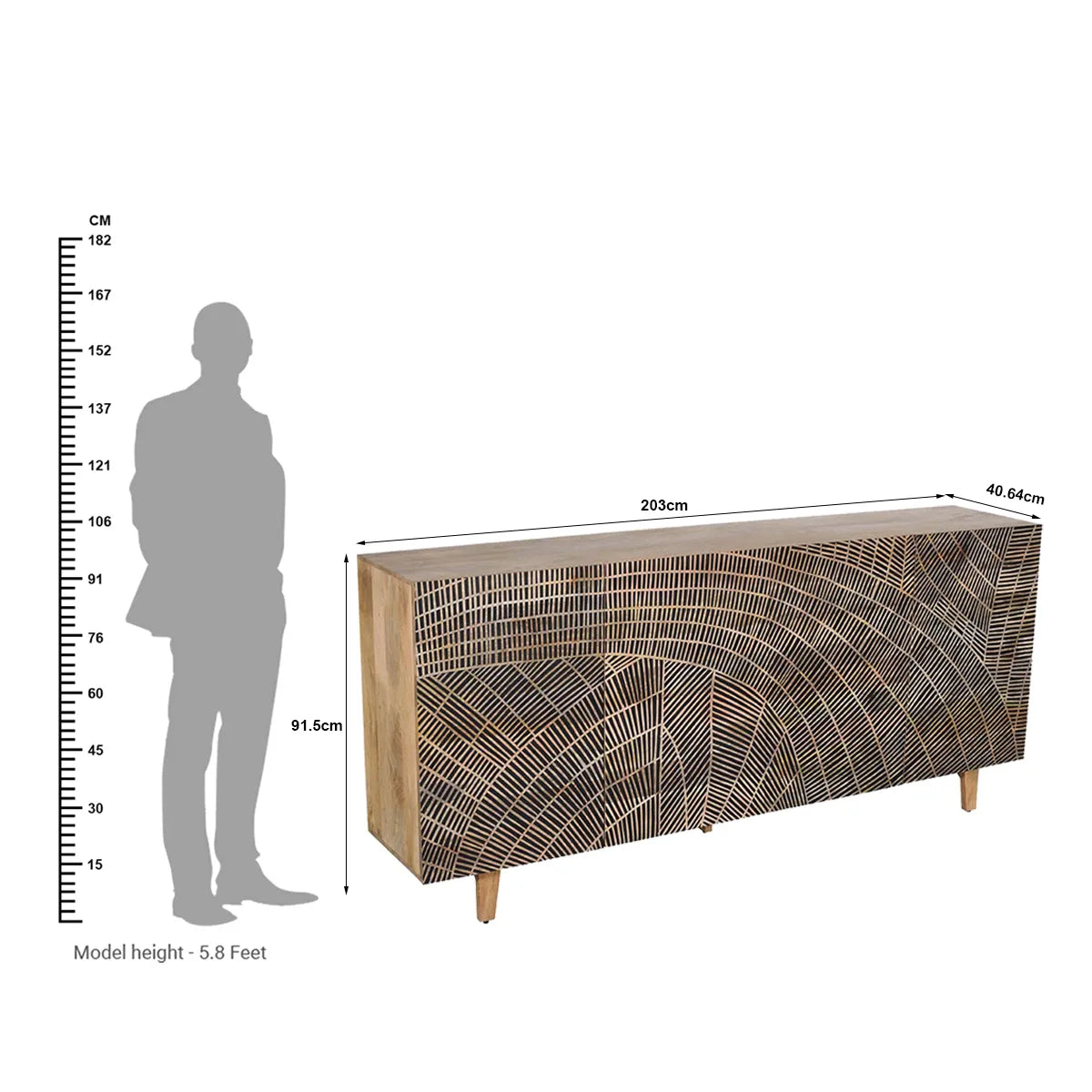 Hand Carved Solid Acacia 4 Door Sideboard Natural Finish - Furniza