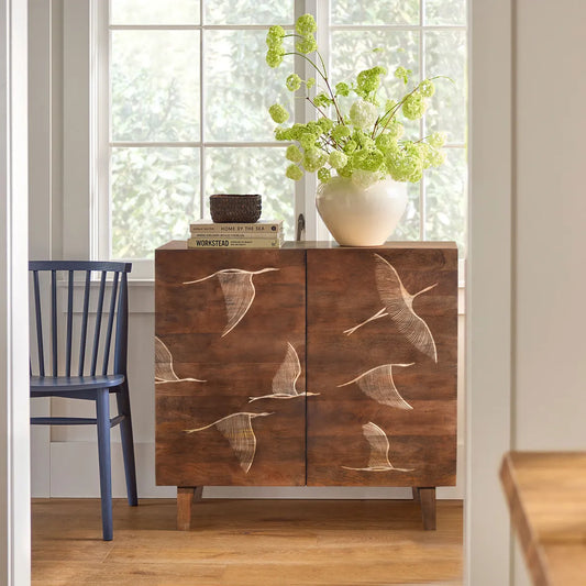 Vinda Hand Carved Mango Wood 2 Door Cabinet Walnut Finish