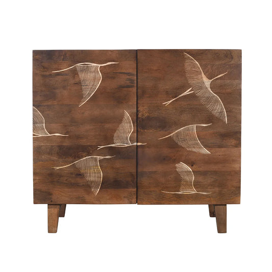 Vinda Hand Carved Mango Wood 2 Door Cabinet Walnut Finish