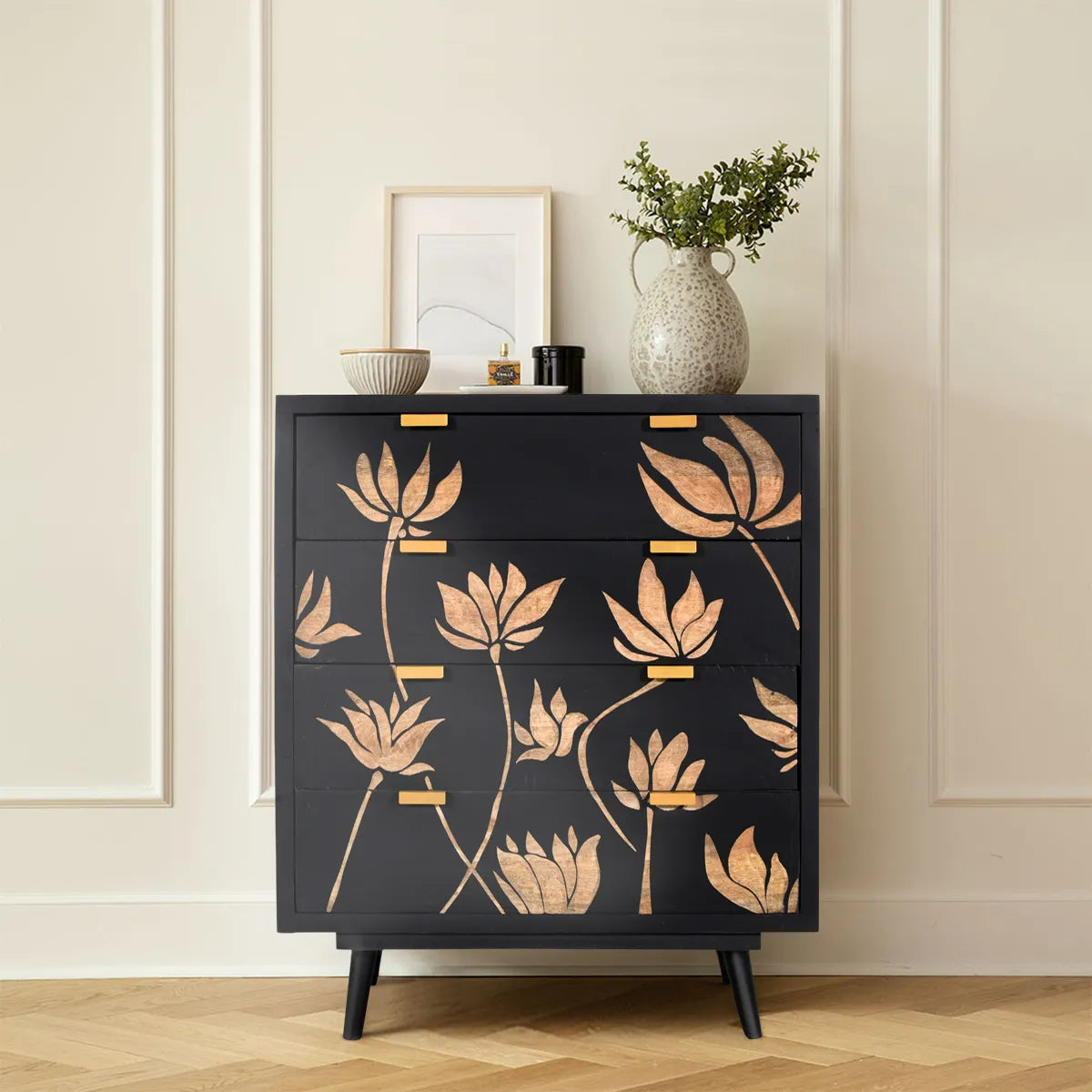 Lotus Noir 4 Drawer Chest Hand Carved Mango Wood with Bold Black Finish - Furniza