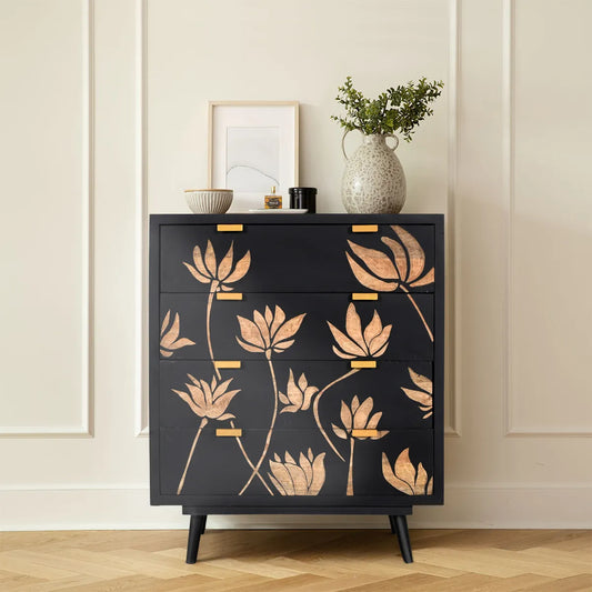 Lotus Noir 4 Drawer Chest Hand Carved Mango Wood with Bold Black Finish - Furniza