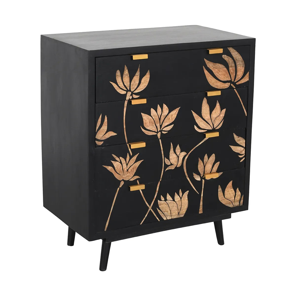 Lotus Noir 4 Drawer Chest Hand Carved Mango Wood with Bold Black Finish - Furniza