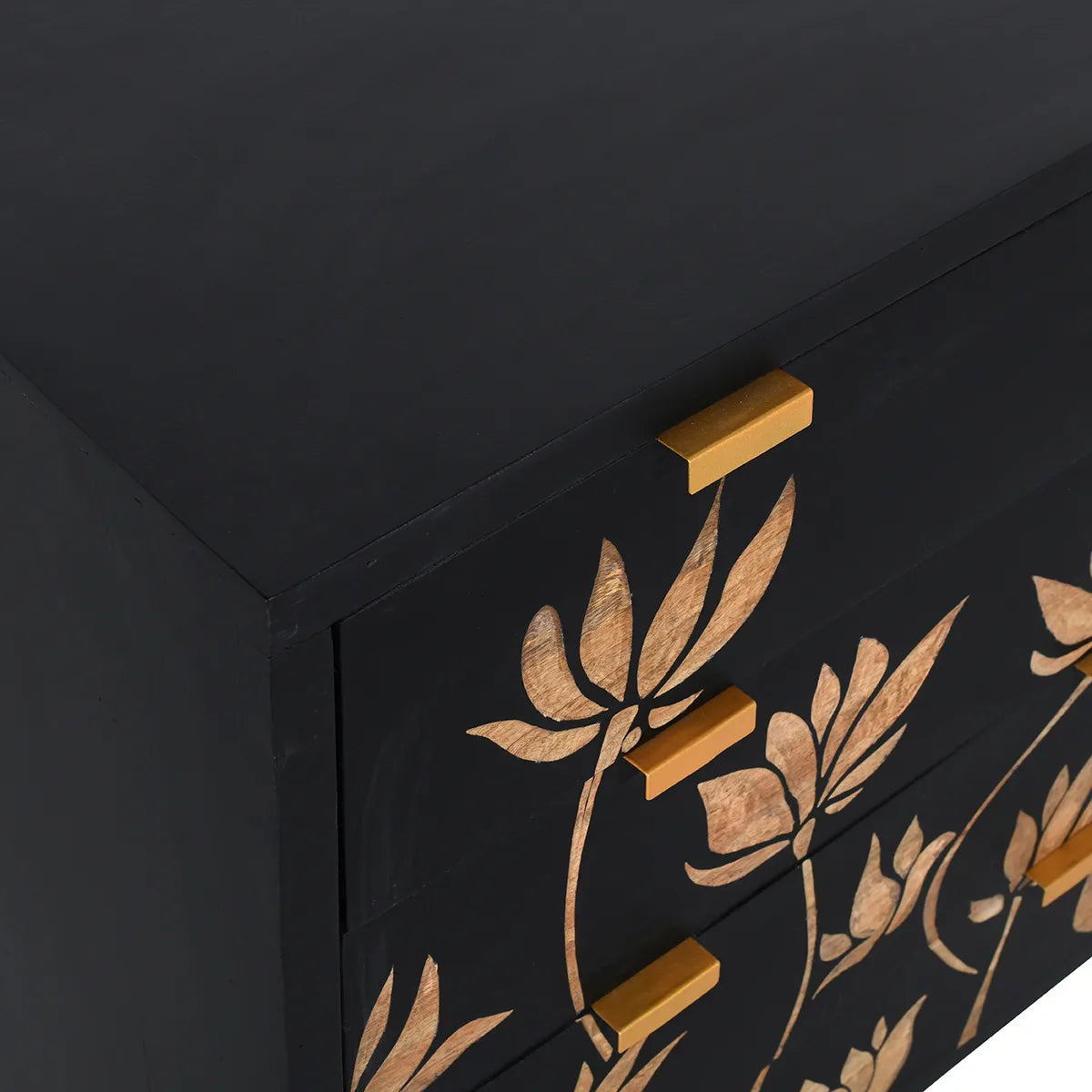 Lotus Noir 4 Drawer Chest Hand Carved Mango Wood with Bold Black Finish - Furniza
