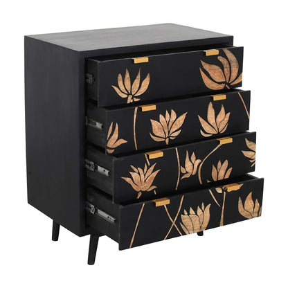 Lotus Noir 4 Drawer Chest Hand Carved Mango Wood with Bold Black Finish - Furniza