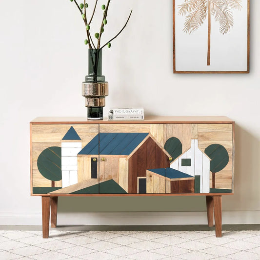 Hand Painted Sideboard 3 Door Solid Wood Storage Cabinet