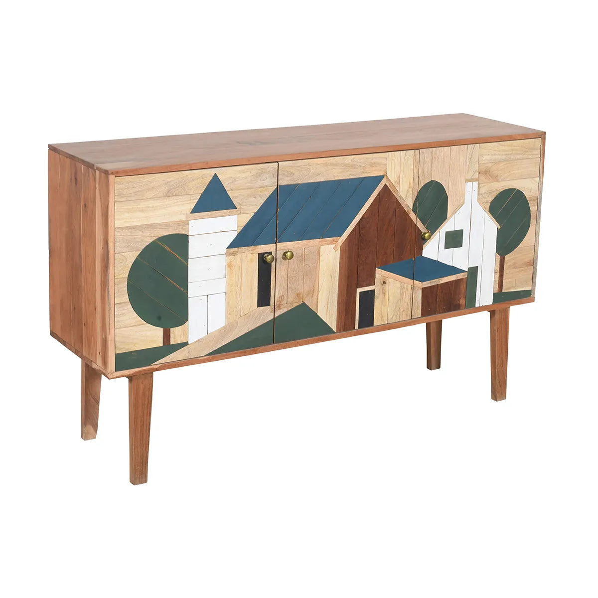 Hand Painted Sideboard 3 Door Solid Wood Storage Cabinet - Furniza