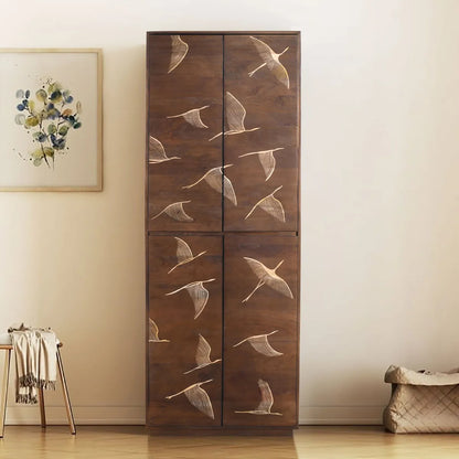Vinda Hand Carved Mango Wood 4 Door Cabinet Walnut Finish