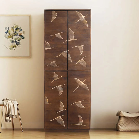 Vinda Hand Carved Mango Wood 4 Door Cabinet Walnut Finish