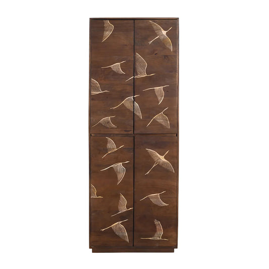Vinda Hand Carved Mango Wood 4 Door Cabinet Walnut Finish