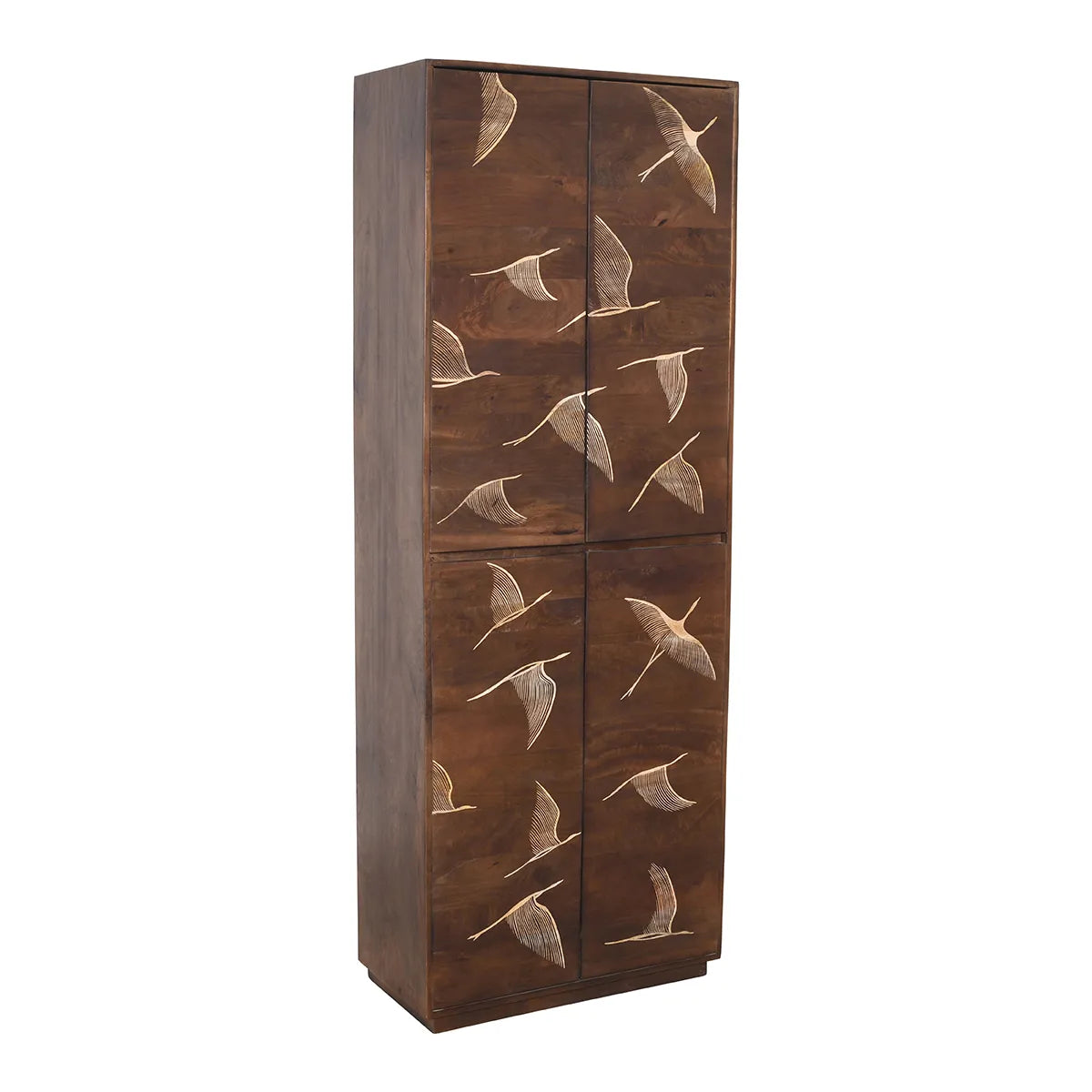 Vinda Hand Carved Mango Wood 4 Door Cabinet Walnut Finish