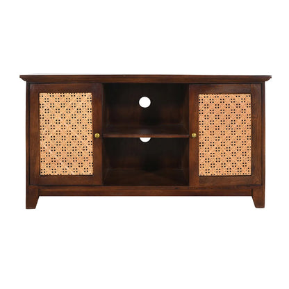 Rattan Walnut 2 Door TV Unit Handcrafted Mango Wood Media Unit