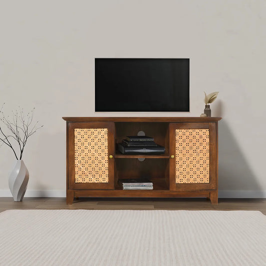 Rattan Walnut 2 Door TV Unit Handcrafted Mango Wood Media Unit