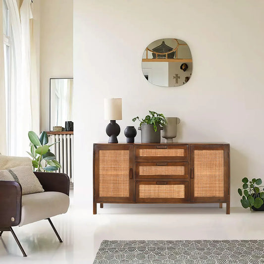 Rattan Walnut Sideboard – 2 Doors & 4 Drawers Mango Wood