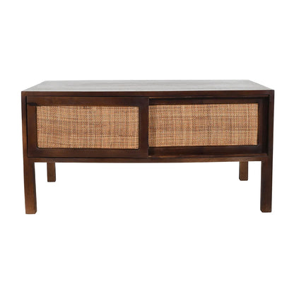 Rattan Walnut Coffee Table – 2 Sliding Doors Mango Wood
