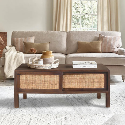Rattan Walnut Coffee Table – 2 Sliding Doors Mango Wood