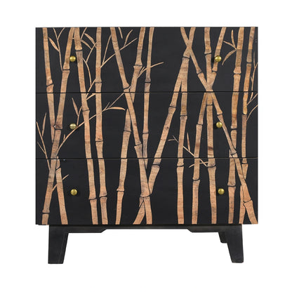 Bamboo Noir 3 Drawer -Chest in Bold Black Finish Hand Carved Mango Wood