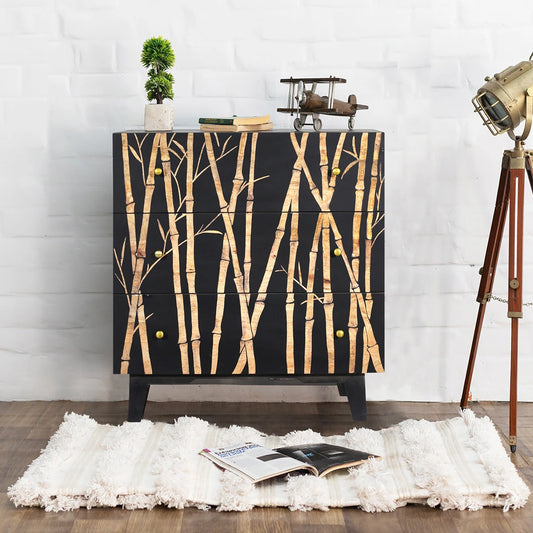 Bamboo Noir 3 Drawer -Chest in Bold Black Finish Hand Carved Mango Wood
