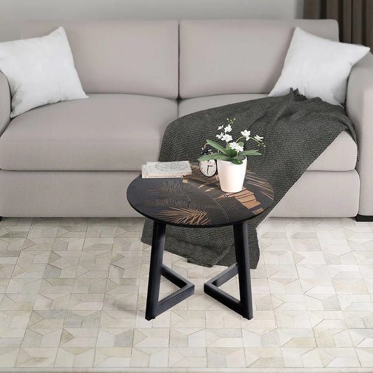 Black Wooden Coffee Table with Hand-Carved Leaf Pattern – Modern Accent Furniture