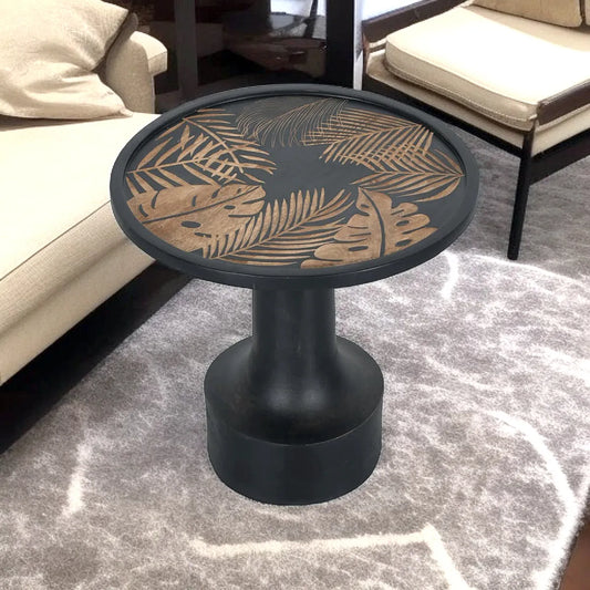 Bold Black Side Table with Leaf Hand Carving – Nature-Inspired Accent Table