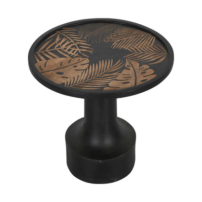 Bold Black Side Table with Leaf Hand Carving – Nature-Inspired Accent Table