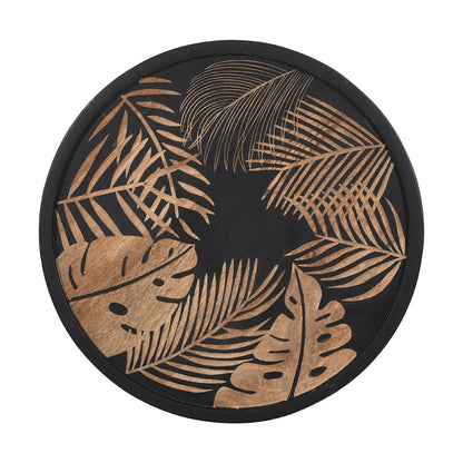 Bold Black Side Table with Leaf Hand Carving – Nature-Inspired Accent Table