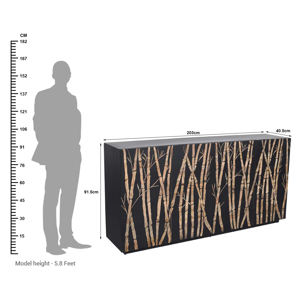 Bamboo Noir 4 Door Sideboard in Bold Black Finish Hand Carved Mango Wood