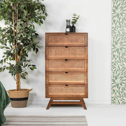 Rattan Harmony 5 Drawer Chest Rich Walnut Finish
