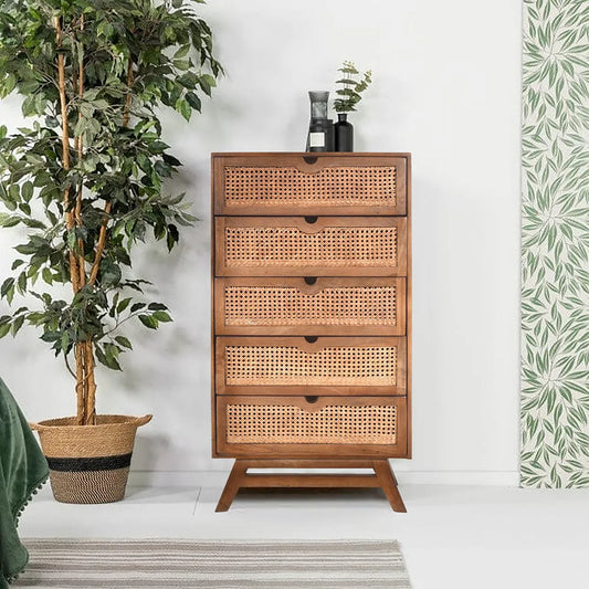 Rattan Harmony 5 Drawer Chest Rich Walnut Finish