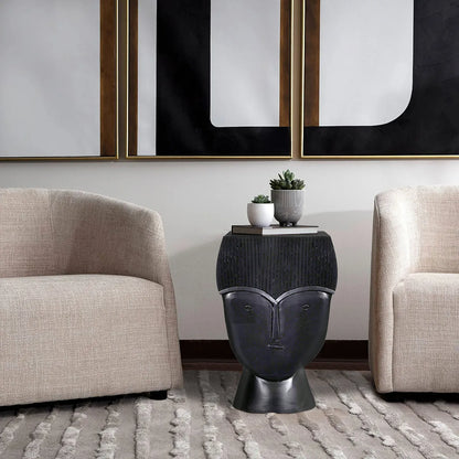 Sculptural Face Hand-Carved Black Side Table