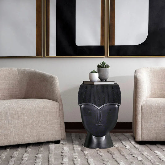 Sculptural Face Hand-Carved Black Side Table