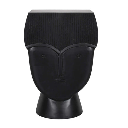 Sculptural Face Hand-Carved Black Side Table
