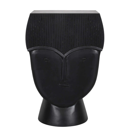 Sculptural Face Hand-Carved Black Side Table