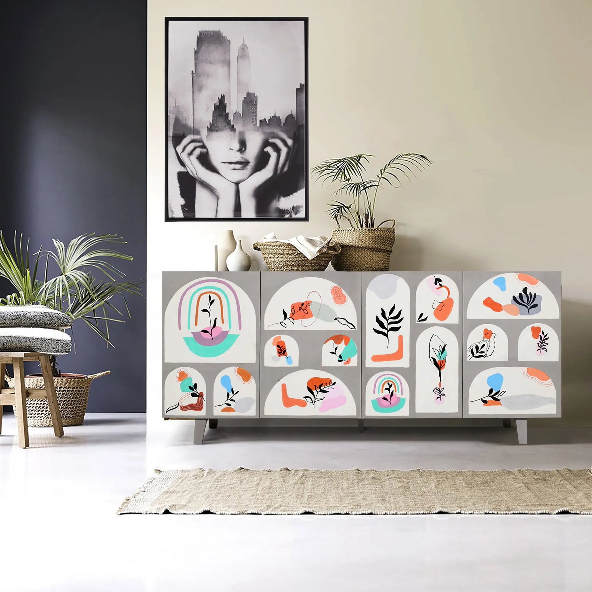 Pastel Elements 4 Door Sideboard Hand-Painted Mango Wood in Grey - Furniza