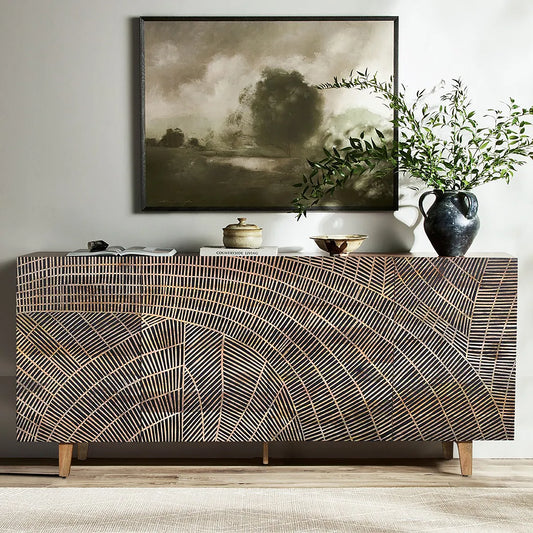 Hand Carved Solid Acacia 4 Door Sideboard Natural Finish