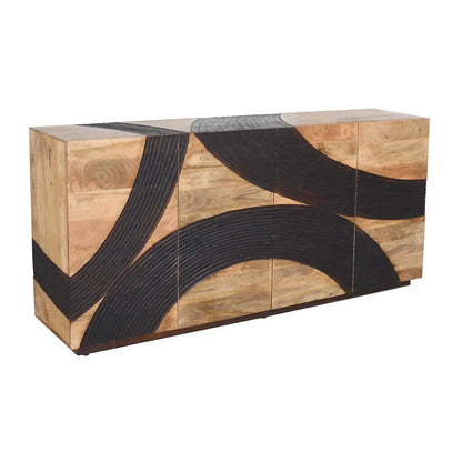4 Door Sideboard Natural & Walnut Finish with Carved Wave Design | Solid Mango Wood - Furniza
