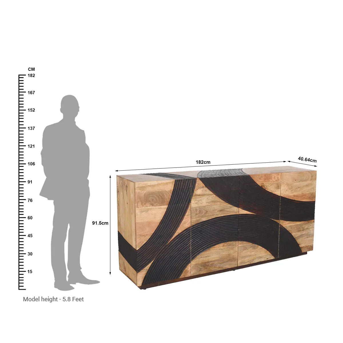 4 Door Sideboard Natural & Walnut Finish with Carved Wave Design | Solid Mango Wood - Furniza