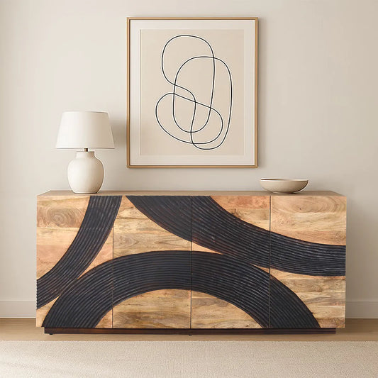 4 Door Sideboard Natural & Walnut Finish with Carved Wave Design | Solid Mango Wood