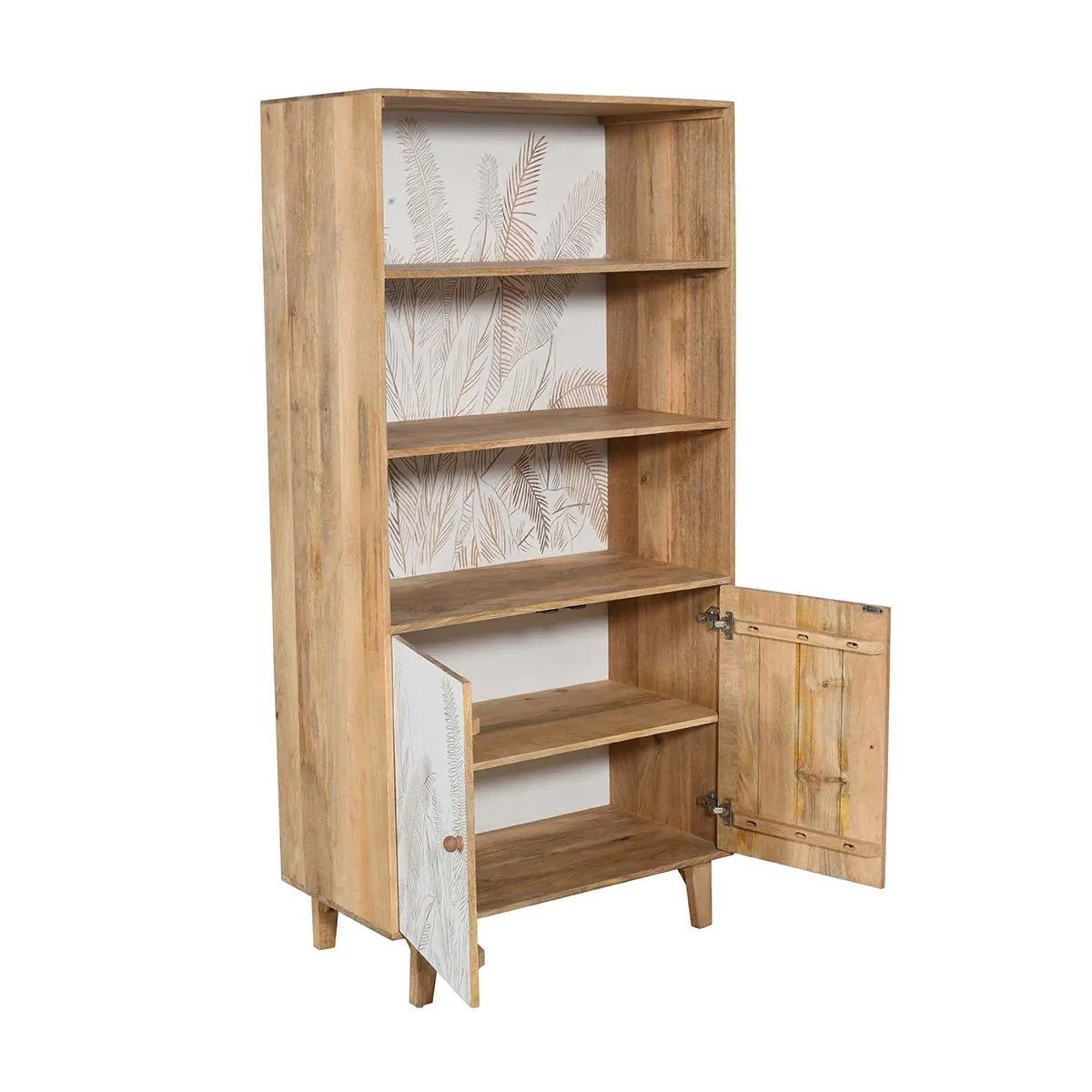 Hand Carved 2 Door Book rack Natural & White Finish | Solid Mango Wood Book shelf - Furniza