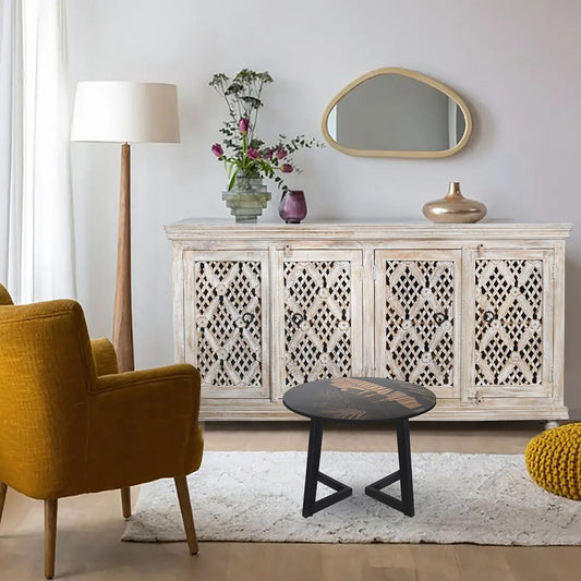 4 Door Sideboard - White Wash Finish | Hand-Carved Traditional Design | Solid Mango Wood